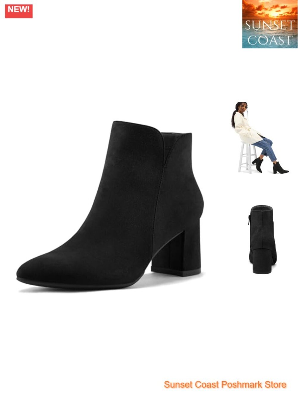 Women's Pointed Toe Chunky Block Heel Ankle Boots Side Zip Booties